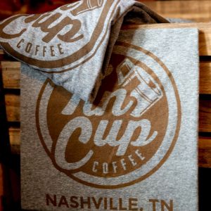 Folded gray & brown Tin Cup Coffee Company t-shirt, Merchandise, Nashville. TN