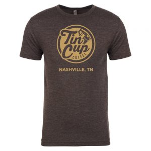 Brown Tin Cup Coffee Company T-shirt with beige logo, Merchandise - Tin Cup Coffee Company Nashville, TN
