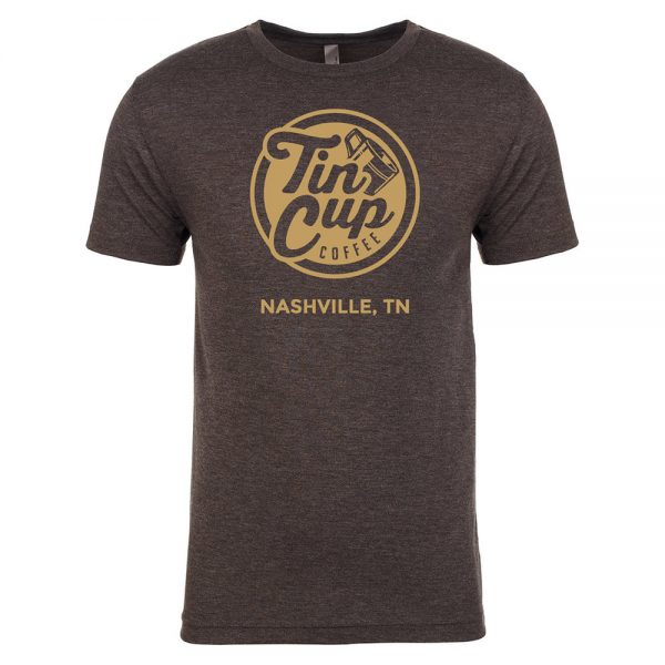 Brown Tin Cup Coffee Company T-shirt with beige logo, Merchandise - Tin Cup Coffee Company Nashville, TN