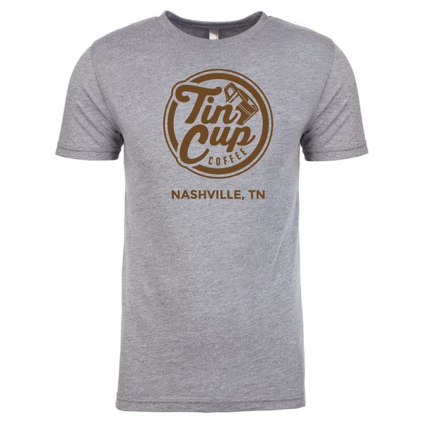 Gray Tin Cup Coffee Company T-shirt with brown logo, Merchandise - Tin Cup Coffee Company Nashville, TN