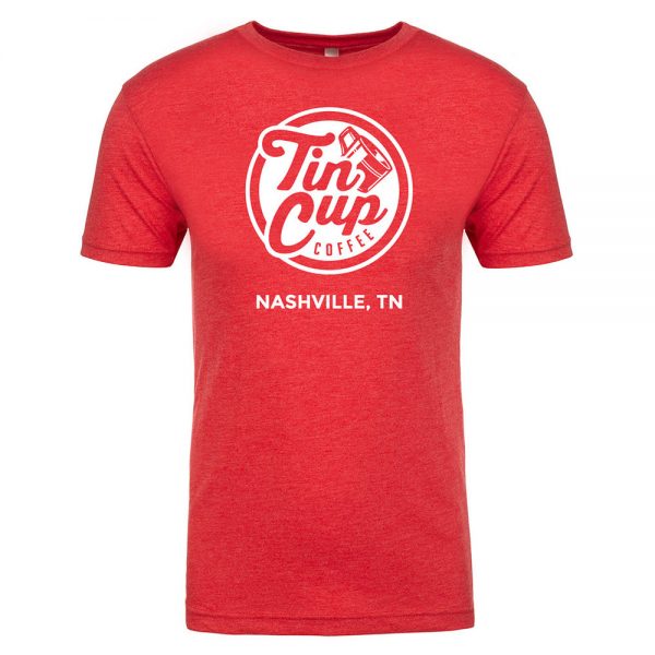 Red Tin Cup Coffee Company T-shirt with white logo, Merchandise - Tin Cup Coffee Company Nashville, TN